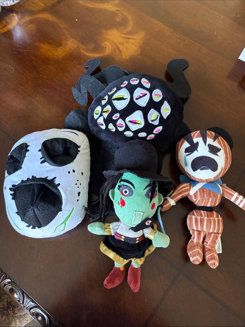 Plush Toy Bundle - Black Spider, White Mask, Green Doll, Brown Striped Doll